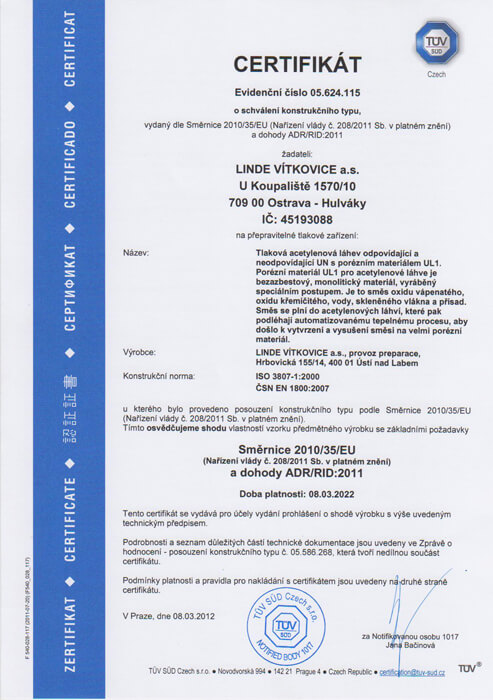 Certifikát Linde Vítkovice Provoz Preparace Ústí nad Labem