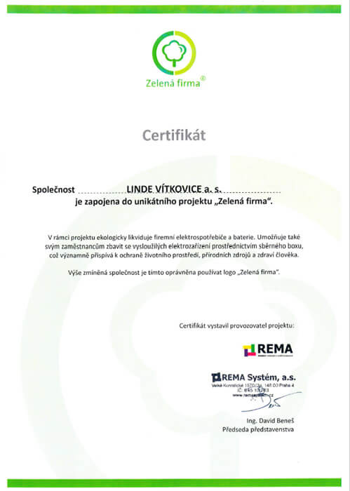 Certifikát Linde Vítkovice Provoz Preparace Ústí nad Labem